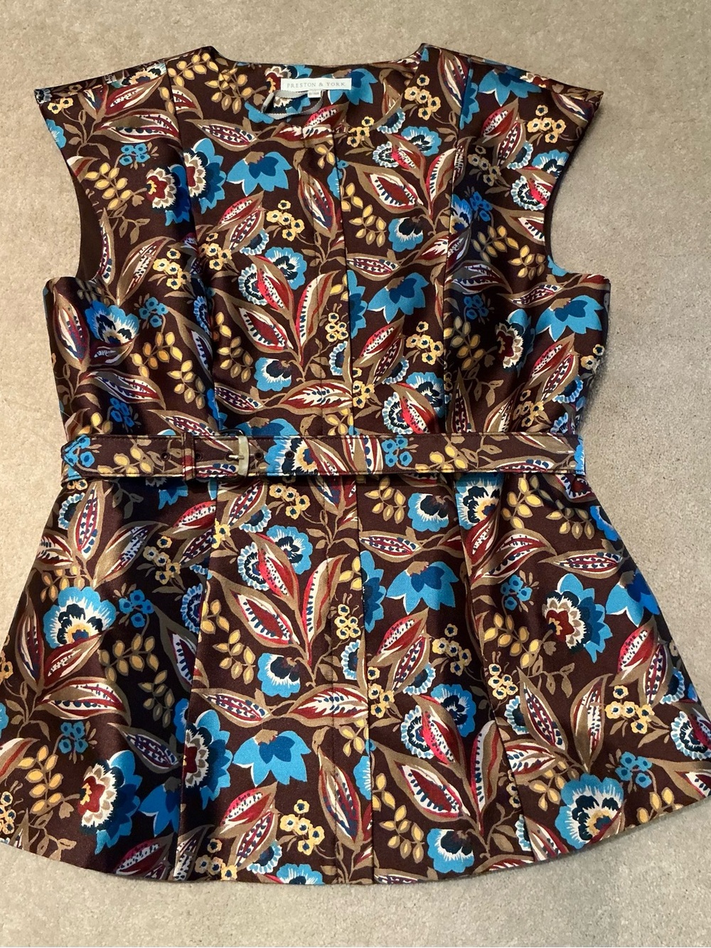 Preston & York Brown Floral Cap-Sleeve Belted Top with Blue Accents - Picture 2 of 8